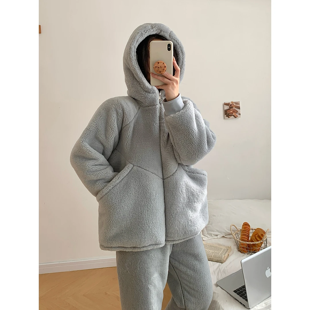 【加加加厚】双层超厚羊羔绒连帽可外穿情侣款家居服套装保暖宽松