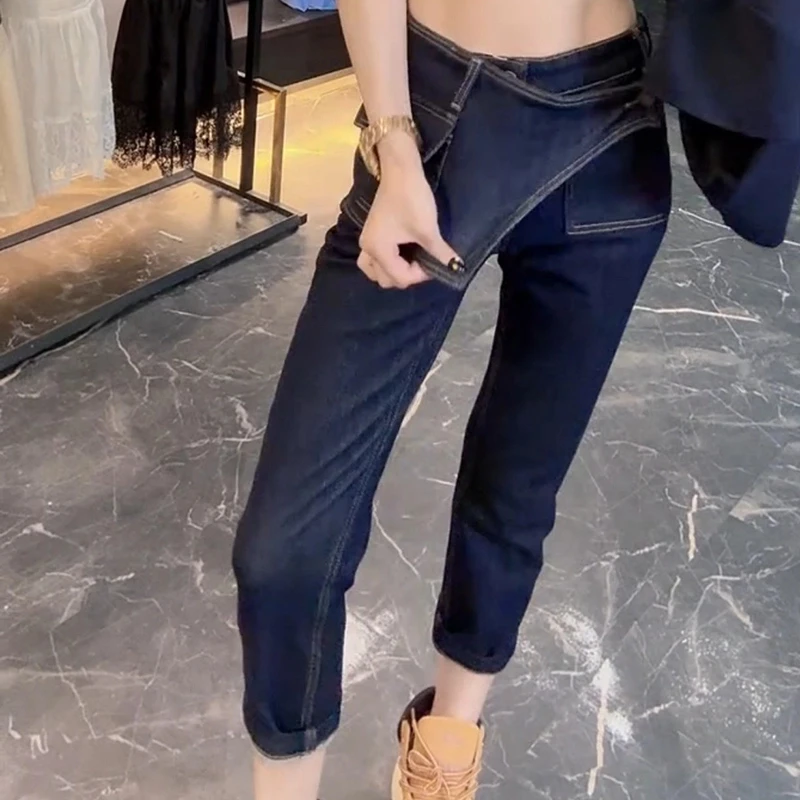 大码八分烟管裤高弹力高腰薄款2025年新款秋季牛仔裤子女显瘦修身