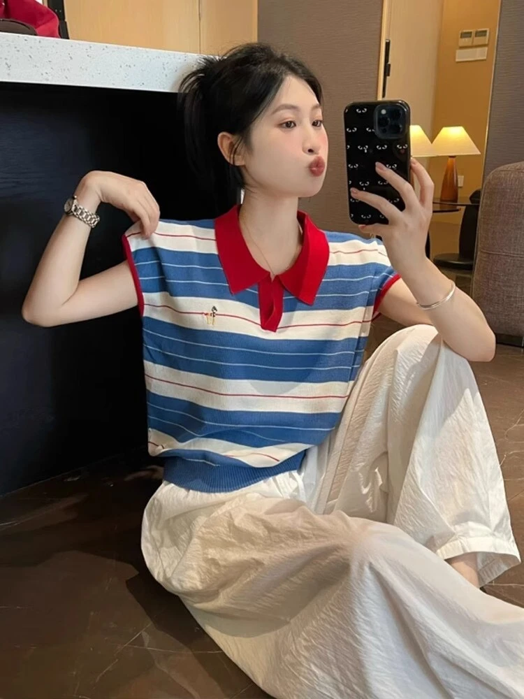 撞色条纹polo领针织衫正肩短袖t恤女夏季设计感独特漂亮短款上衣