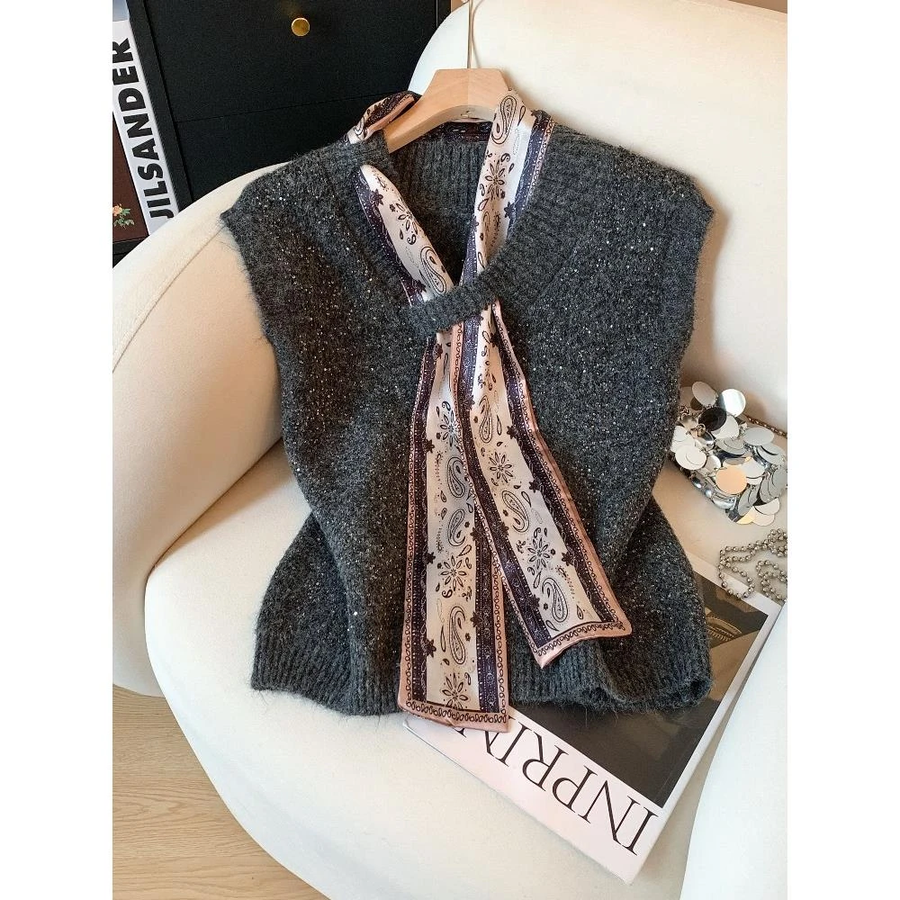 老钱风小香重工亮片背心女秋款叠穿高级感打底马夹无袖上衣配丝巾