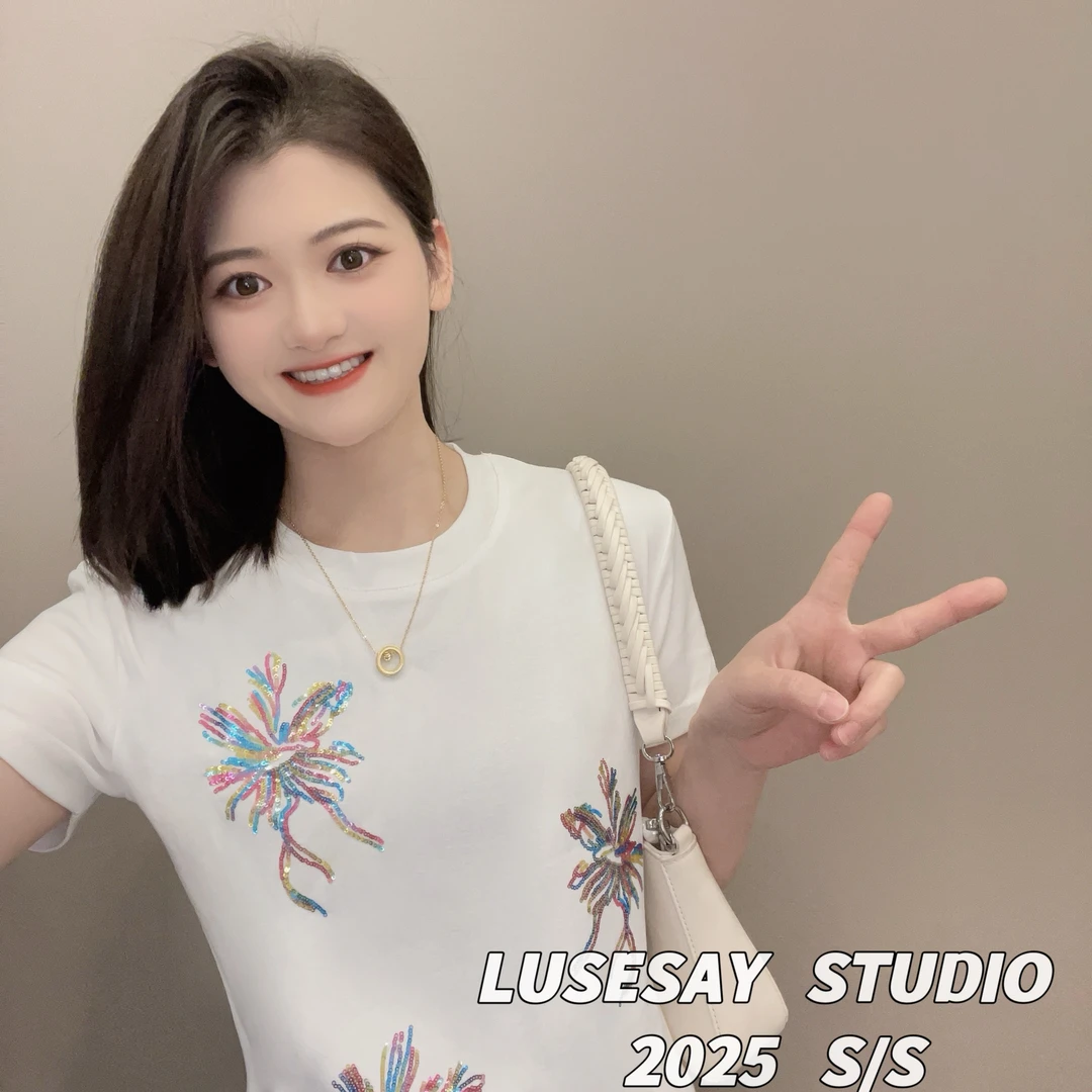 LUSESAY 彩色蝴蝶结重工刺绣 早春2025新款短袖t恤女百搭休闲上衣