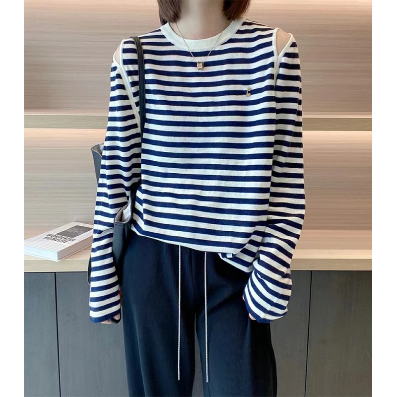 2025春秋新品薄款针织衫圆领露肩条纹设计长袖时尚韩版显瘦上衣女