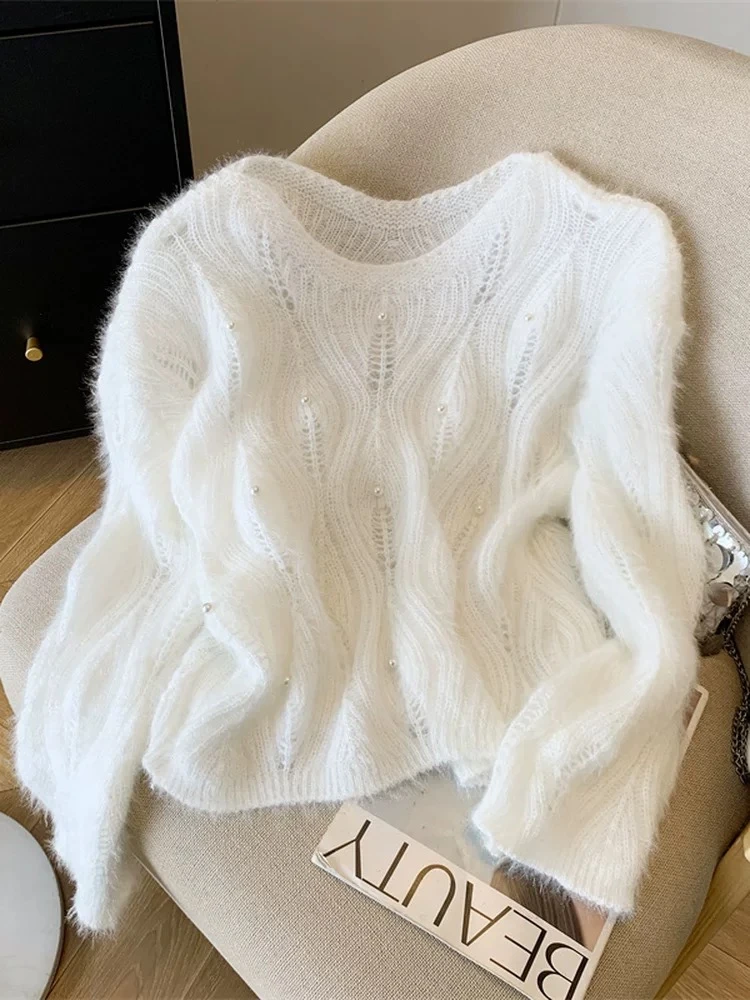 25947欧货高端镂空钉珠毛衣女秋冬慵懒风重工百搭休闲上衣