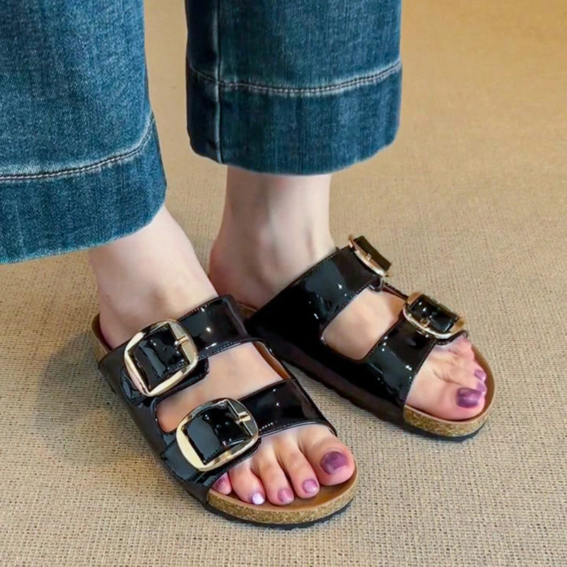 超火~羊皮版~皮面厚底黑色勃肯鞋女夏季外穿拖鞋女百搭不累脚软底