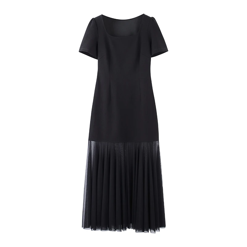 微胖定制~法式显瘦设计感方领格纹拼接微胖女生连衣裙JDM1241