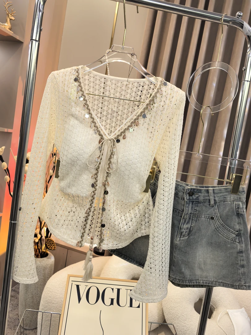 【A9883美人】2025夏季修身显瘦百搭亮片纯欲修身上衣+美背两件套