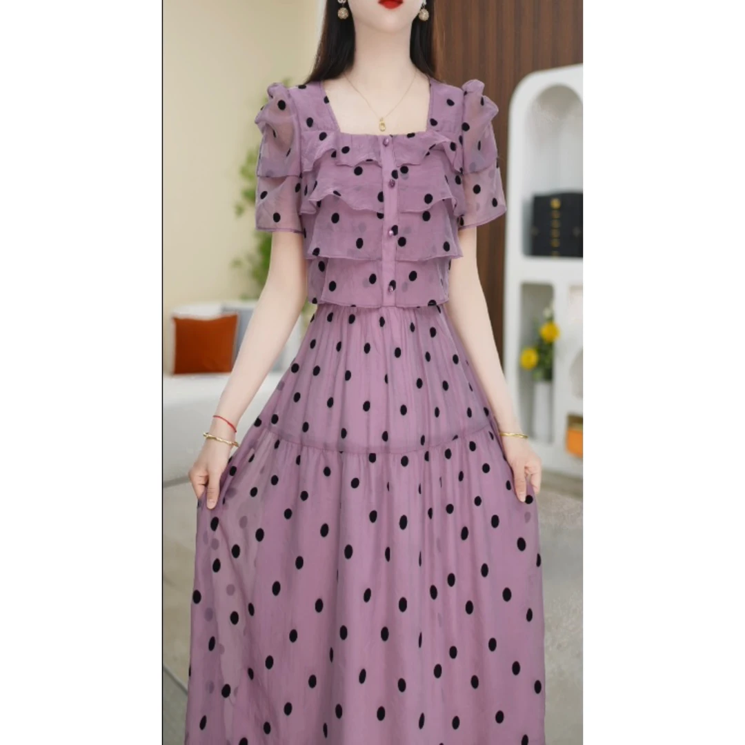 赛菲雅波点连衣裙女小个子2025新款广州十三行女装方领荷叶边裙子