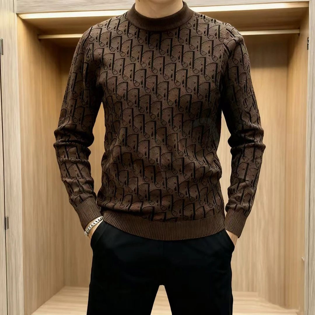 秋冬季新款男士长袖加厚针织毛衣时尚休闲百搭修身圆领保暖打底衫