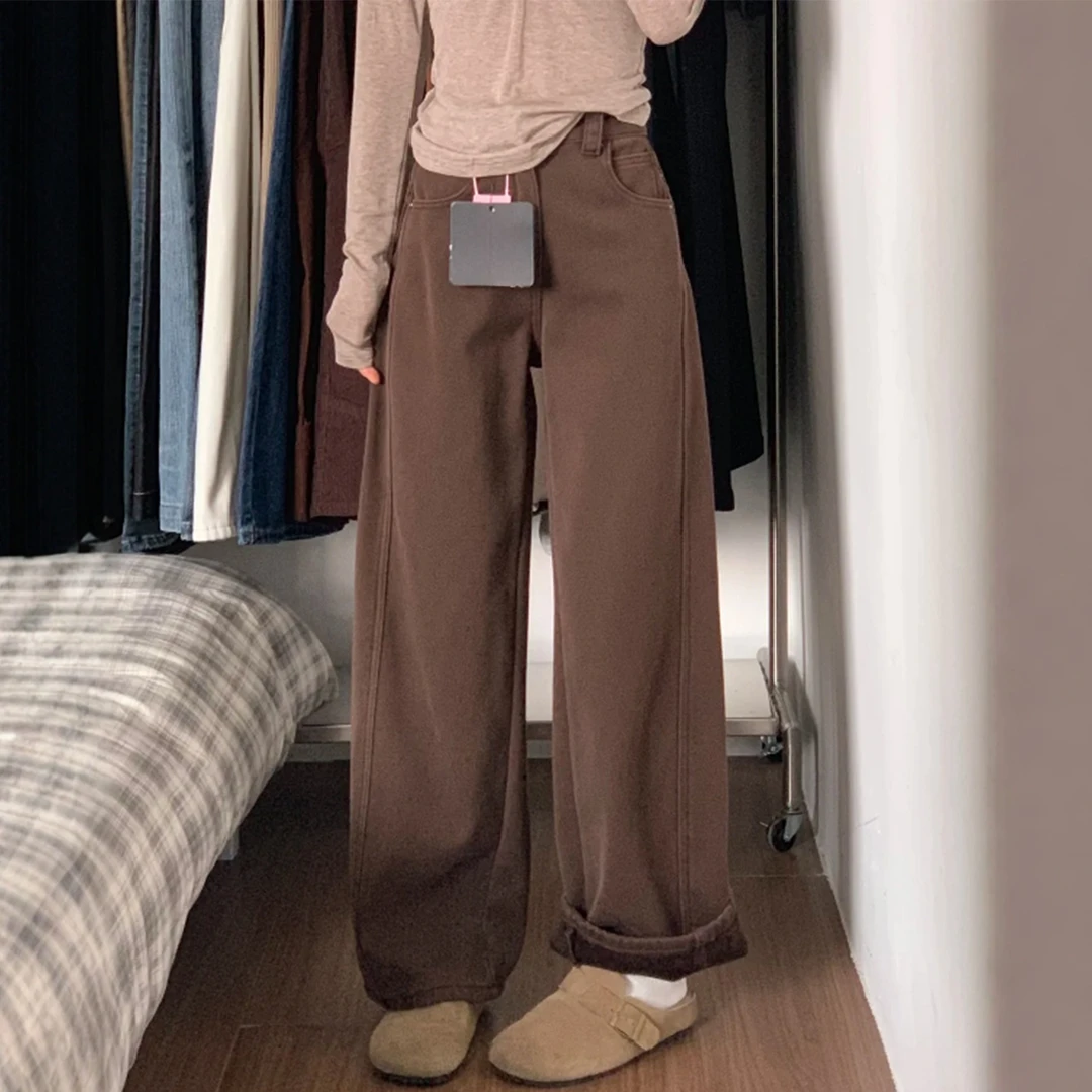 美拉德咖色直筒牛仔裤女秋冬加绒加厚大码胖mm腿粗宽松显瘦阔腿裤