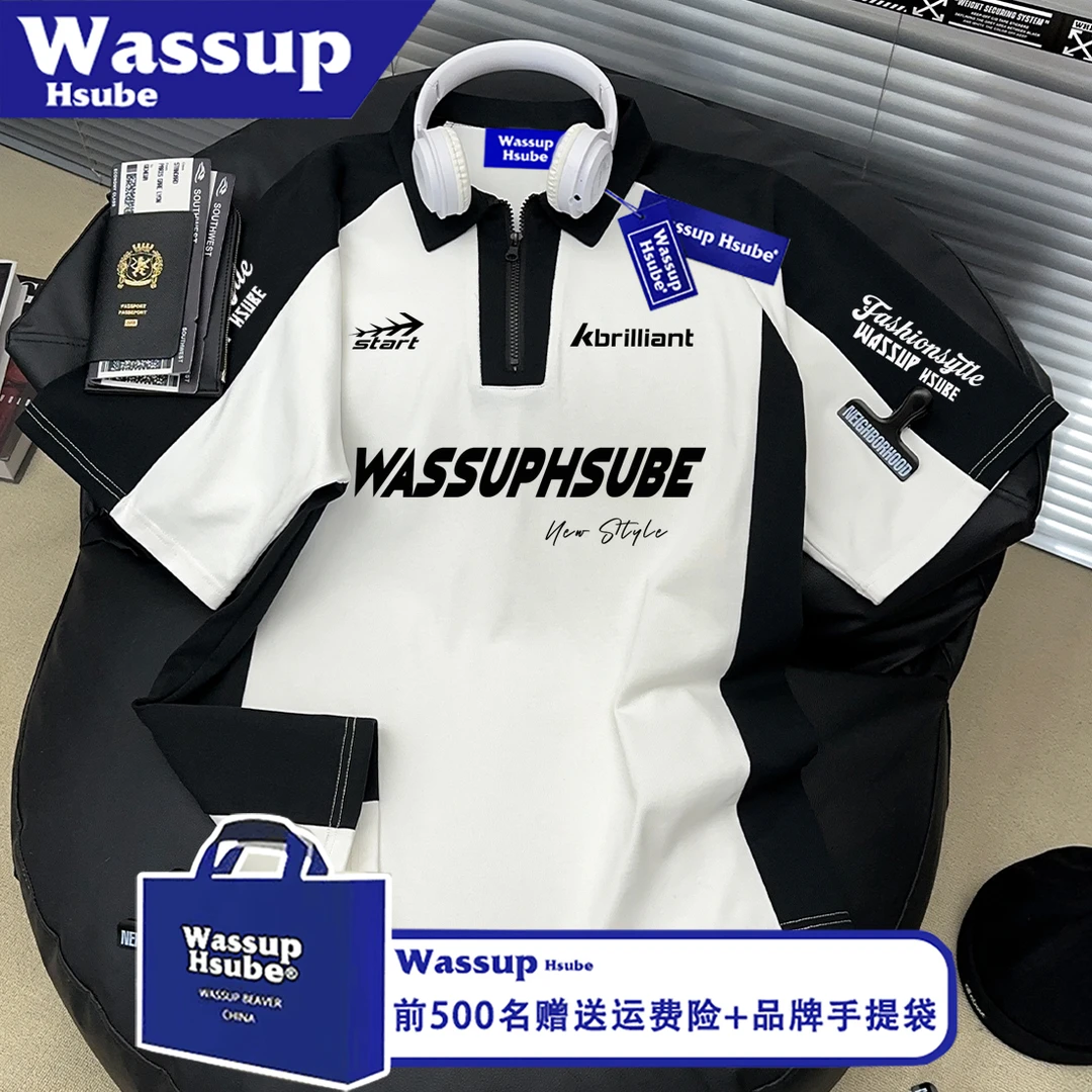 WASSUP HSUBE美式字母印花拼接短袖T恤男女宽松纯棉Polo领上衣服
