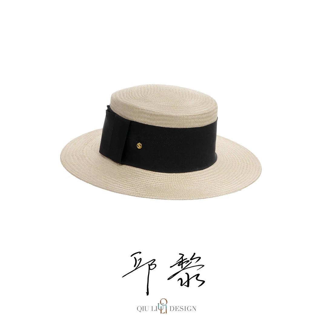 QIU LI ·  三分！简约温柔黑织带平顶金丝草大檐草帽帽子  1d1813