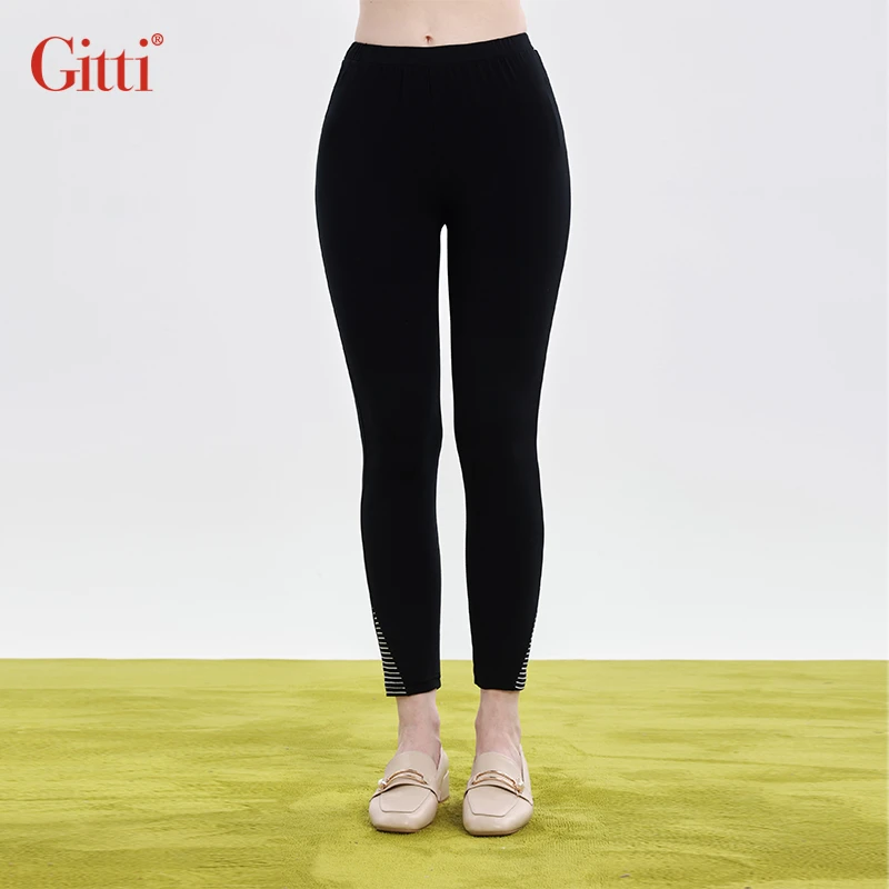 Gitti/吉蒂条纹撞色拼接显瘦八分裤女棉高腰微弹休闲裤G251037