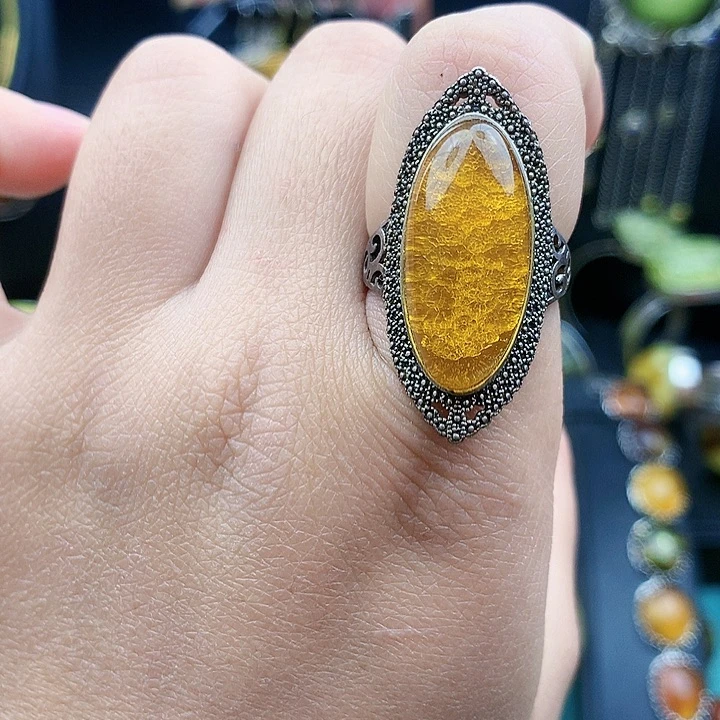 琥珀裸石银S925镶嵌戒指
