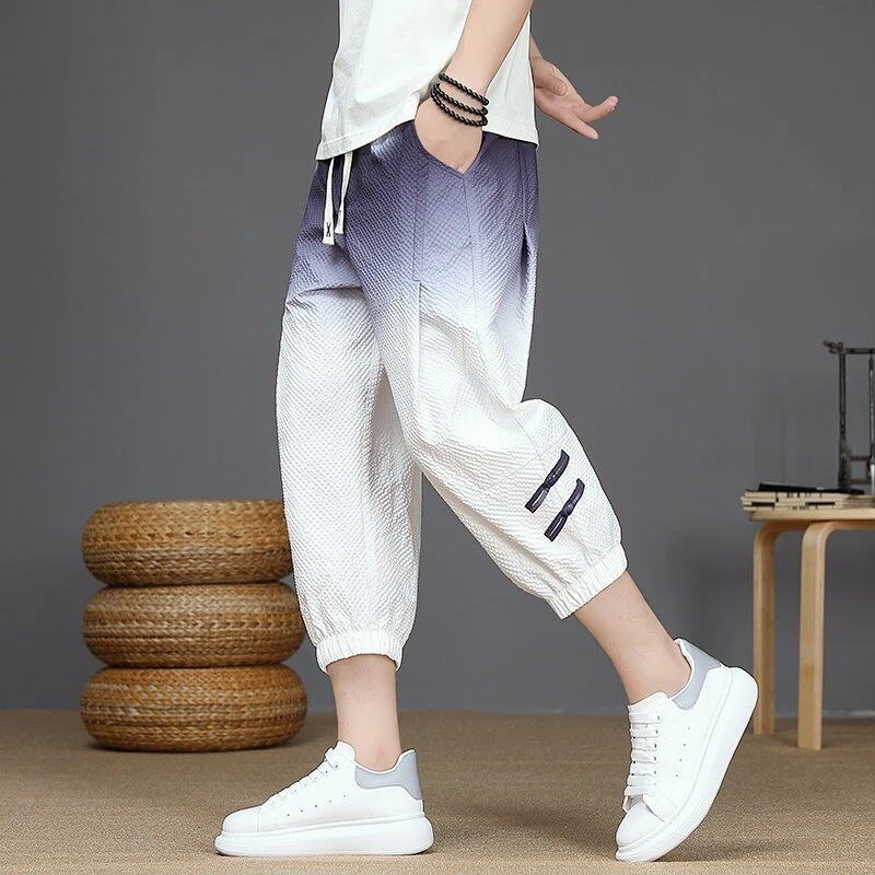 夏季爆款七分裤渐变拼色休闲裤男士中裤薄款阔腿潮流时尚束脚裤
