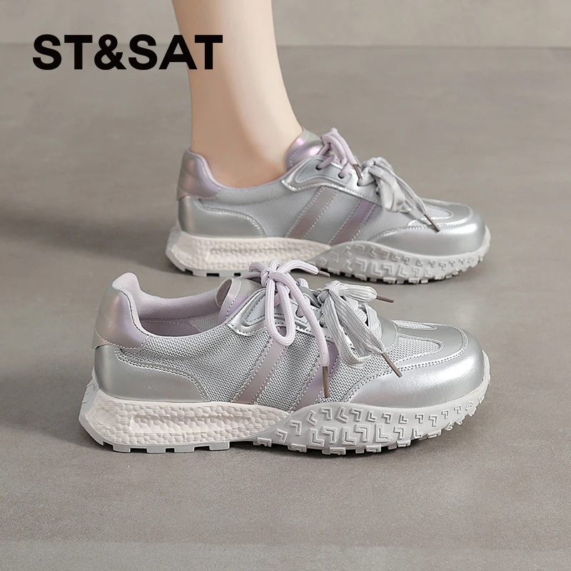 星期六浅口德训鞋女士2025夏季拼色休闲鞋厚底时尚低帮百搭网面鞋