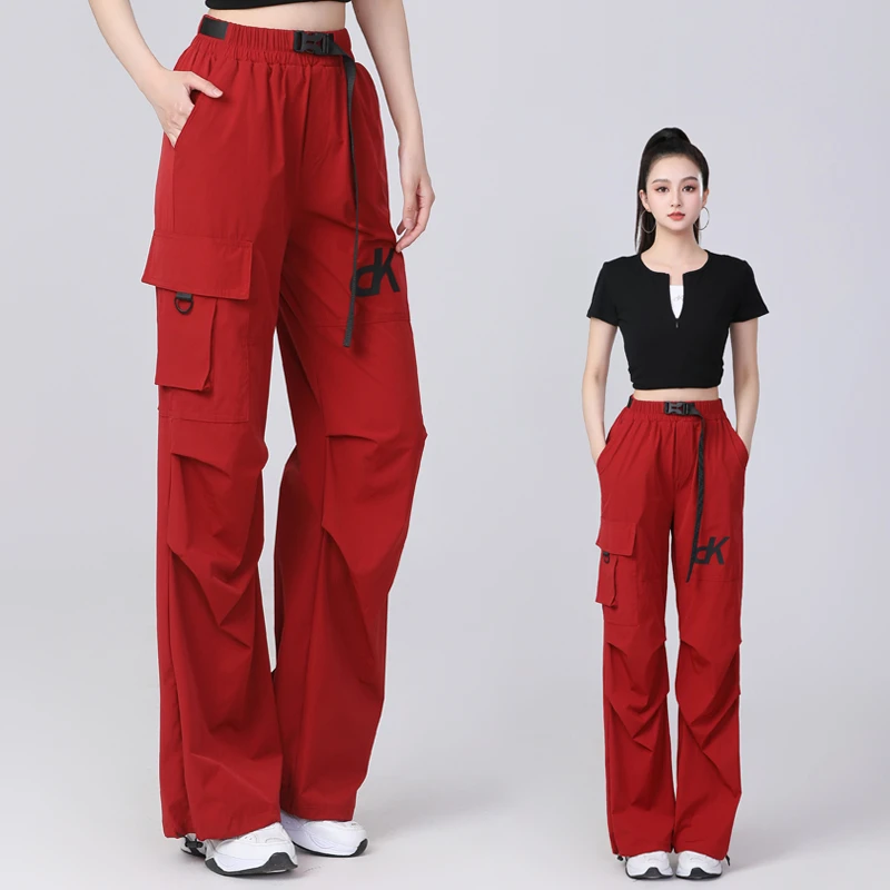 夏季新款美式工装裤女薄款速干休闲运动阔腿裤宽松透气高腰束脚裤