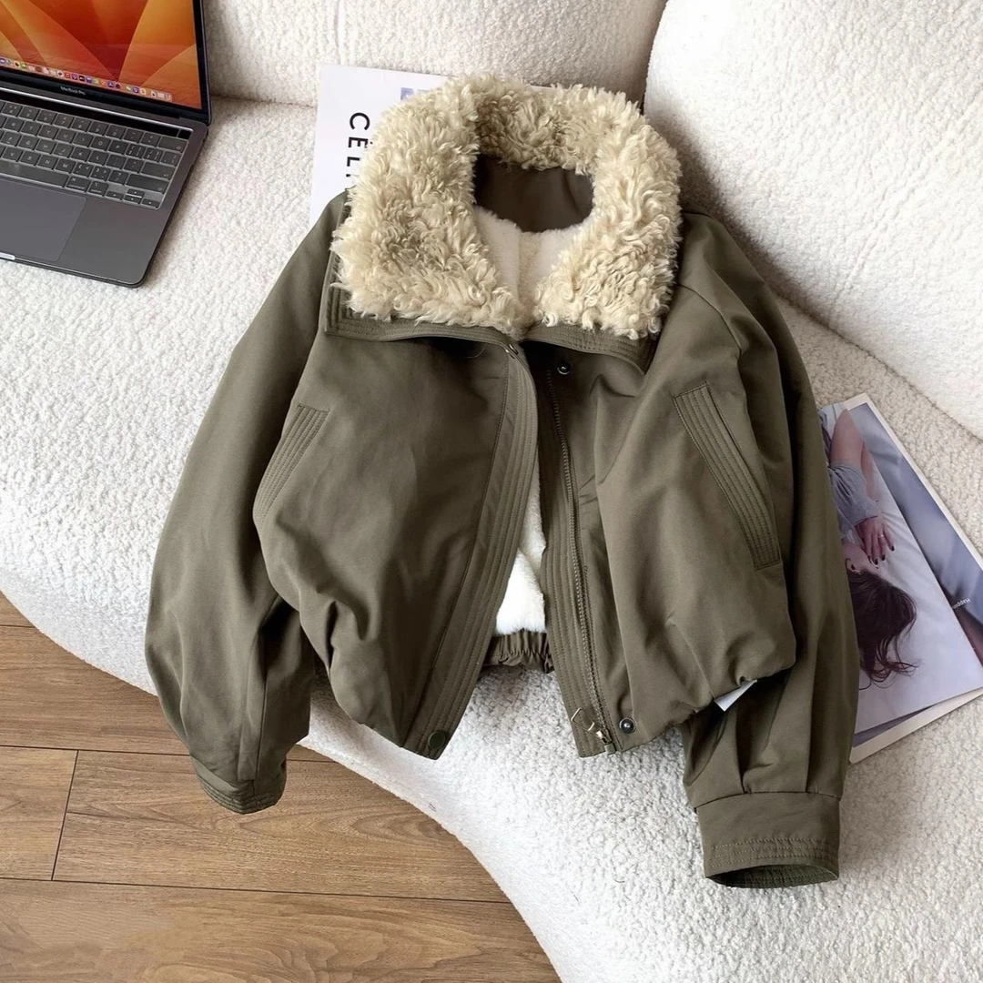 羊羔毛翻领短款工装加绒加厚派克服外套女小个子夹克冬季