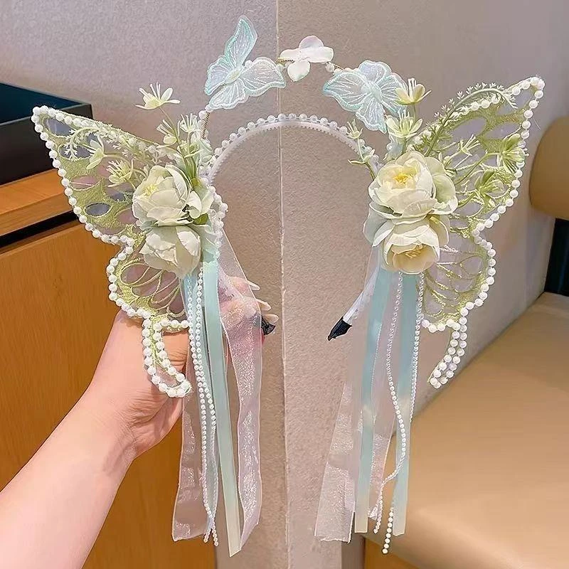 新款蝴蝶发箍仙气公主流苏发饰女童头箍配饰头饰花仙子头饰