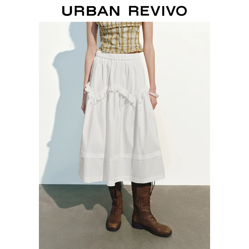 UR2025春季新款女装休闲芭蕾风松紧腰荷叶边半裙UYL550039