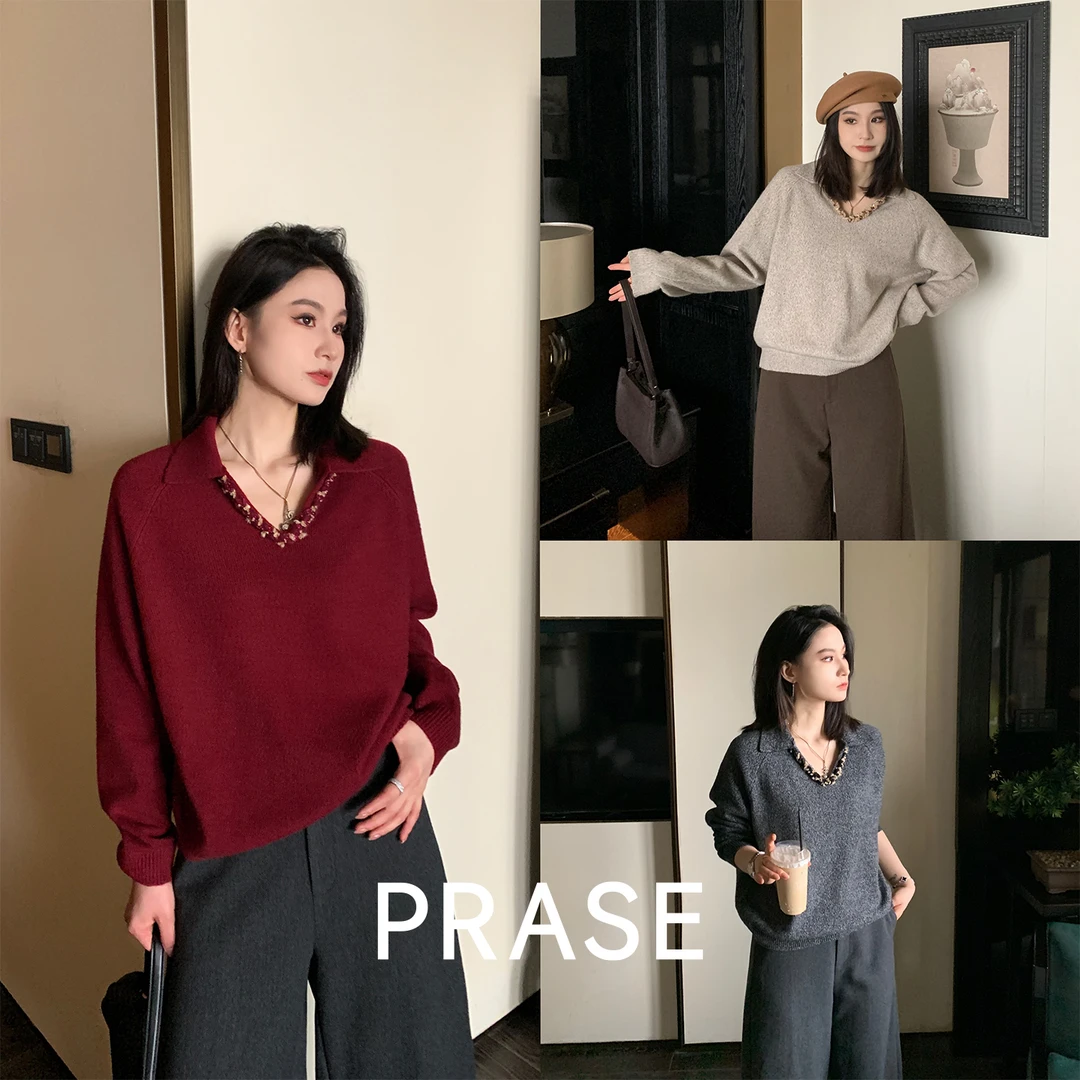 PRASE·噜【贝蒂毛衣】绵羊毛翻领V领秋冬撞色编织套头毛衣PR508S72