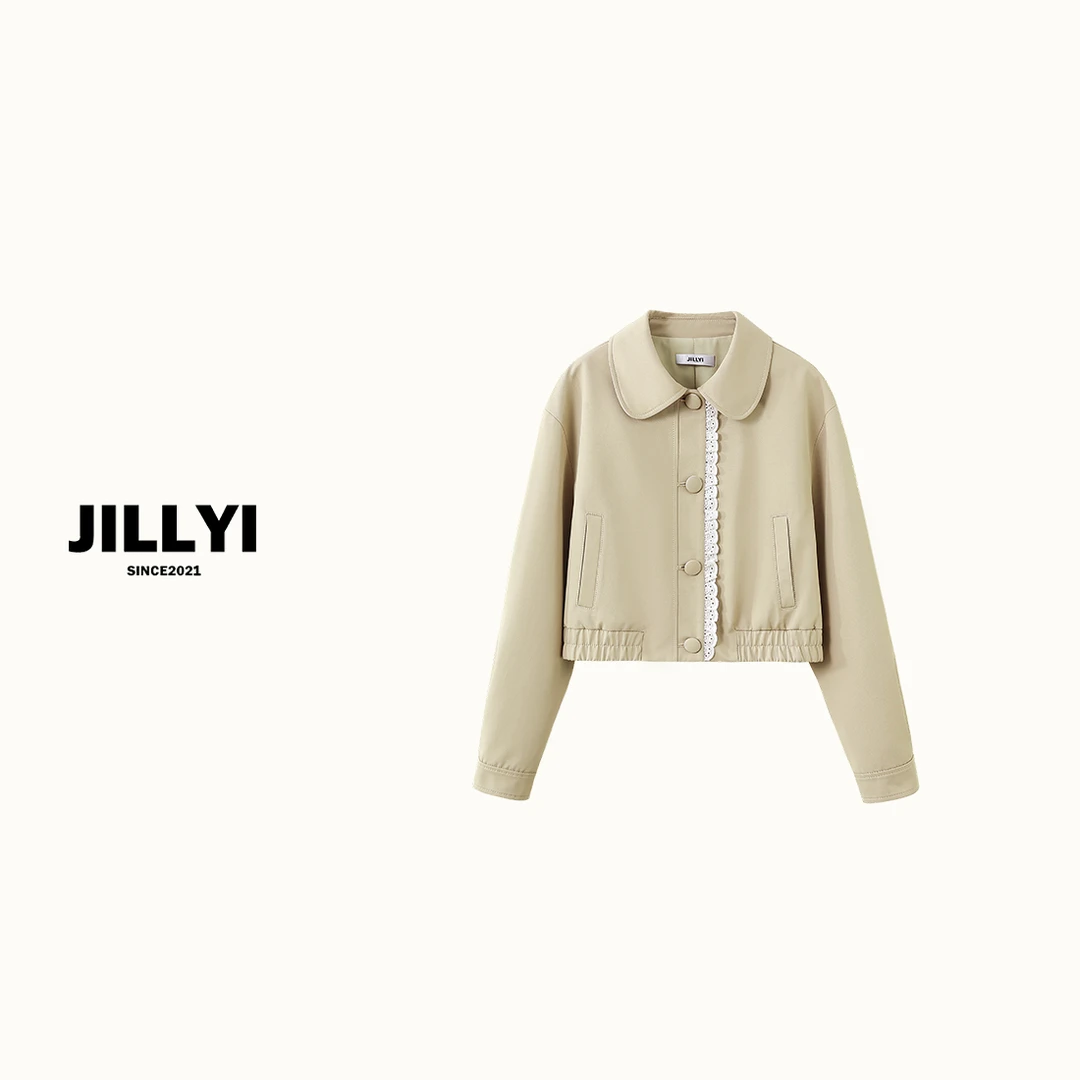 JILLYI南山店【奶油咖啡】卡其色花瓣蕾丝拼接单排扣短外套翻领秋冬
