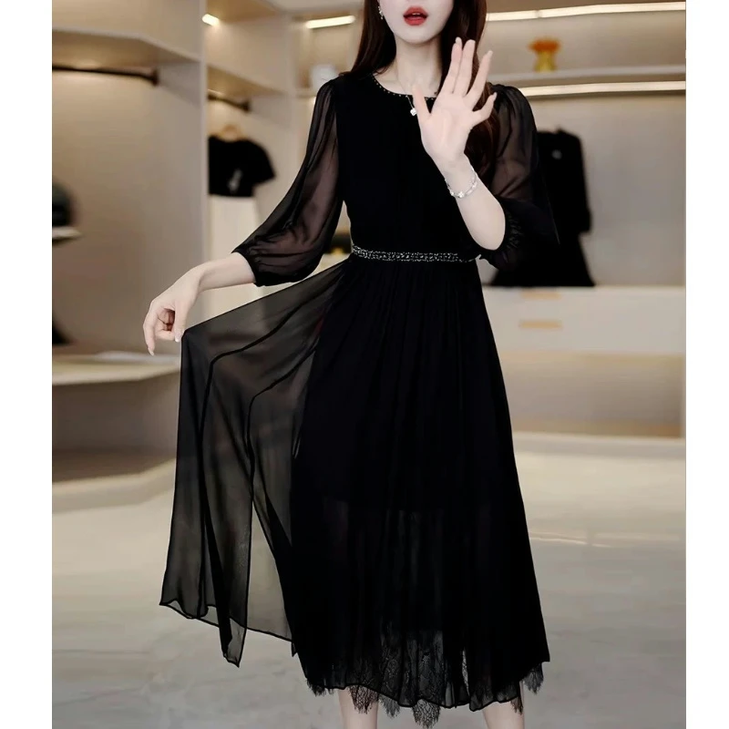 2025年夏季新款连衣裙轻熟风优雅法式裙高端收腰黑色长裙S3910
