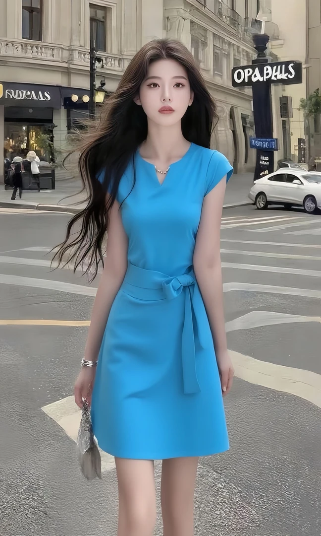 轻奢时尚贵气温柔风蓝色不规则领型修身收腰系带连衣裙女显瘦女装