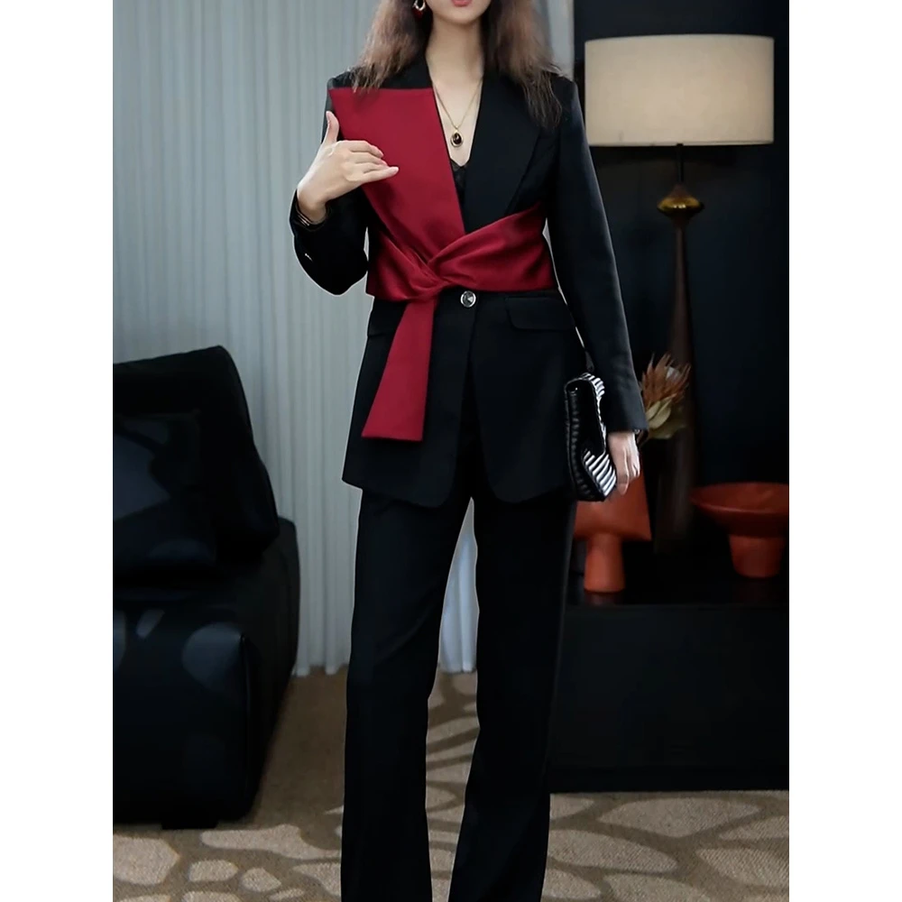 时尚西服套装女2025秋季新款设计撞色拼接收腰显瘦西装外套+裤子