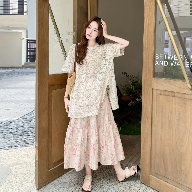 蕾丝刺绣开叉上衣碎花半裙套装2025夏季新款甜美森系温柔风两件套