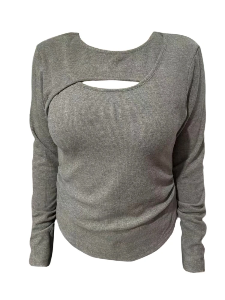 Amy家 微胖mm设计感镂空长袖T恤打底衫女秋冬季内搭遮肉显瘦上衣