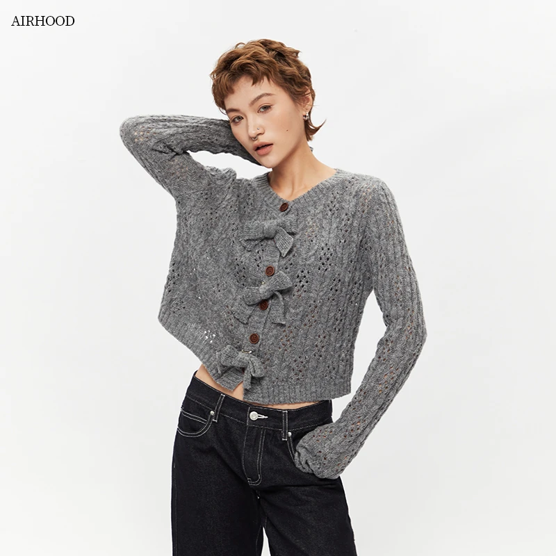 AIRHOOD春秋季新款蝴蝶结系带麻花短款开衫外套女针织衫镂空N5463