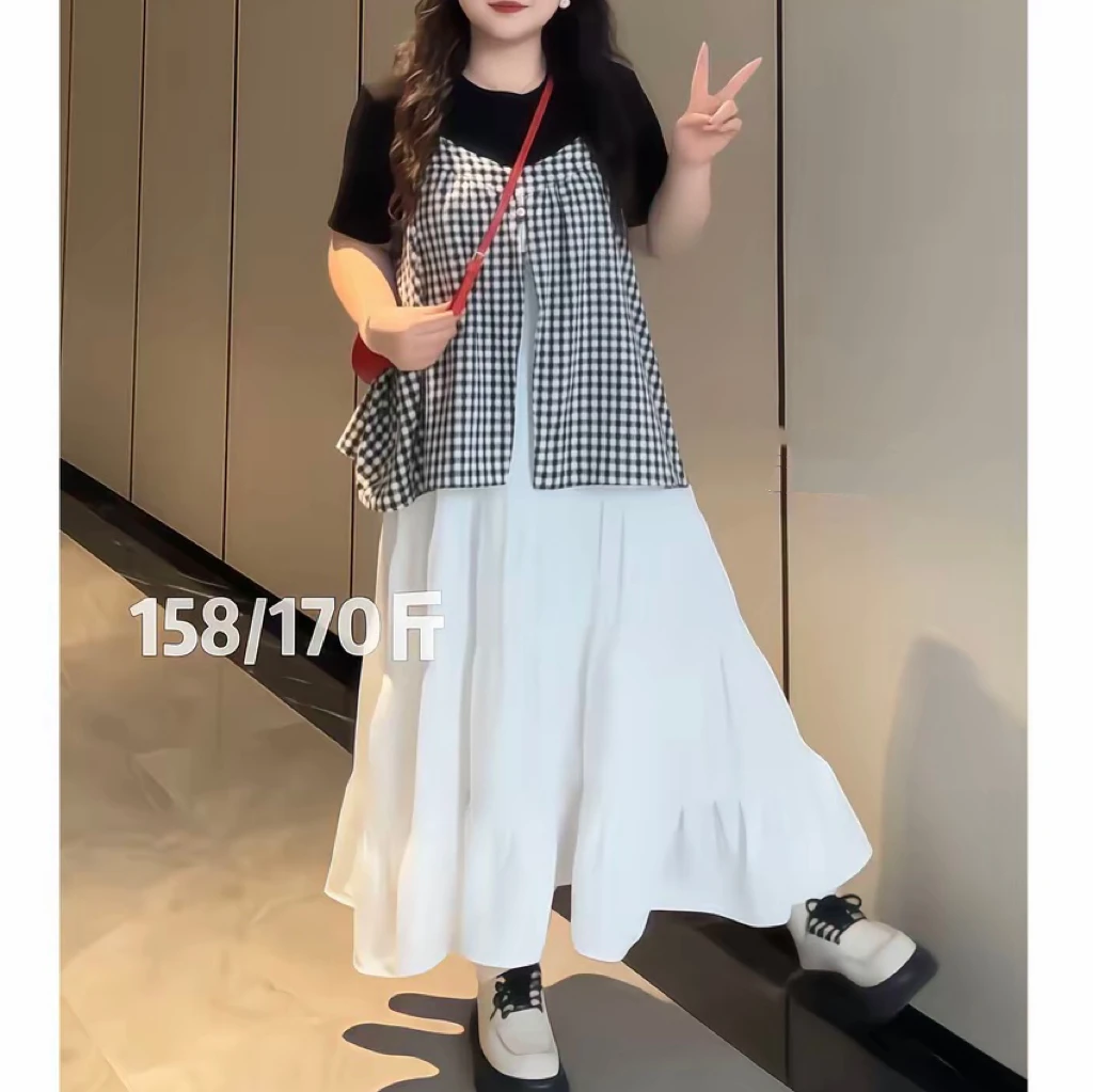 大码叠穿套装短袖上衣格子拼接吊带裙两件套女胖mm夏季巨显瘦套装