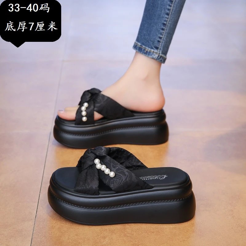 小个子7cm增高厚底珍珠凉拖鞋女款夏季外穿时尚ins百搭松糕一字拖