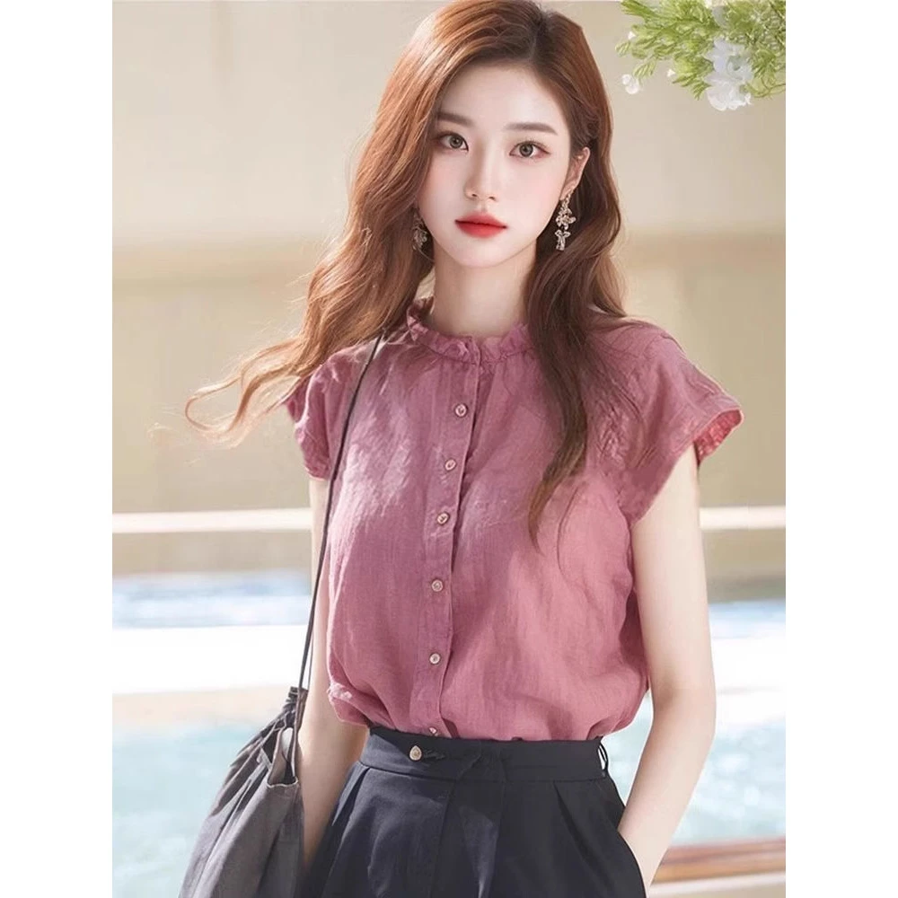 独特安可拉红轻薄透气短袖衬衫2025年夏季新款洋气小衫气质上衣女