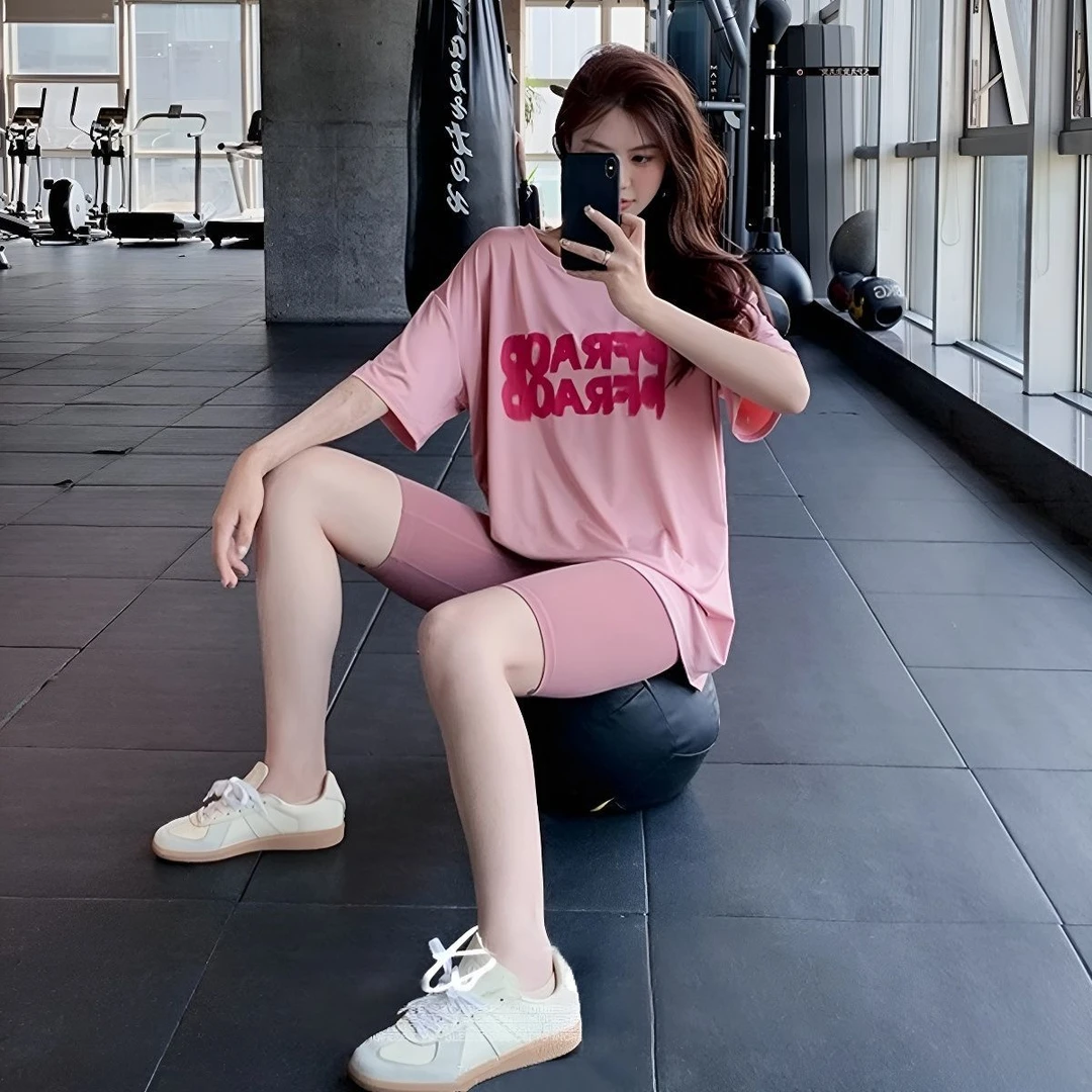 运动短袖宽松型女及臀健身衣跑步服透气速干衣套装夏天上衣网红