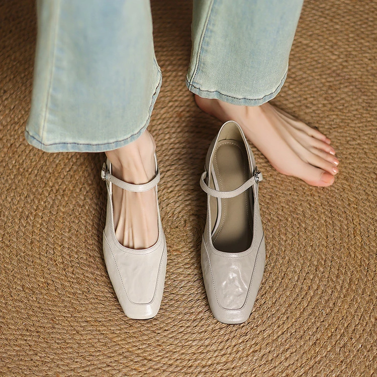 2cm低跟方头青年一字式扣带时尚百搭粗跟女羊皮乐福鞋（豆豆鞋）