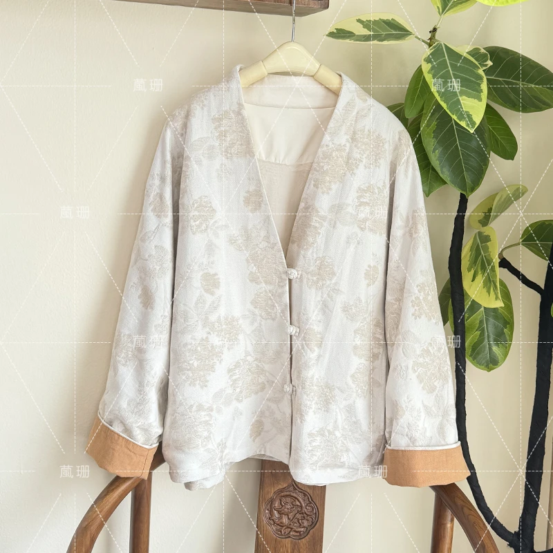 【素影清辉】秋冬加绒亚麻提花棉V领国风禅意外套开衫 52622