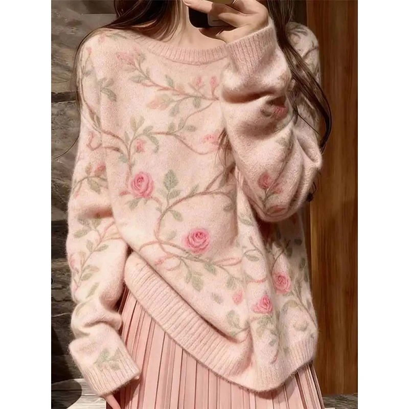 氛围感玫瑰印花针织衫女秋冬慵懒宽松套头毛衣打底衫气质长袖上衣