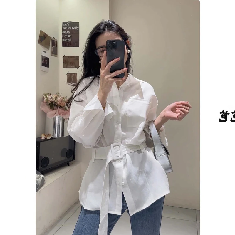 女春夏季韩系干练御姐气质通勤收腰显瘦长袖设计感衬衫配腰带上衣