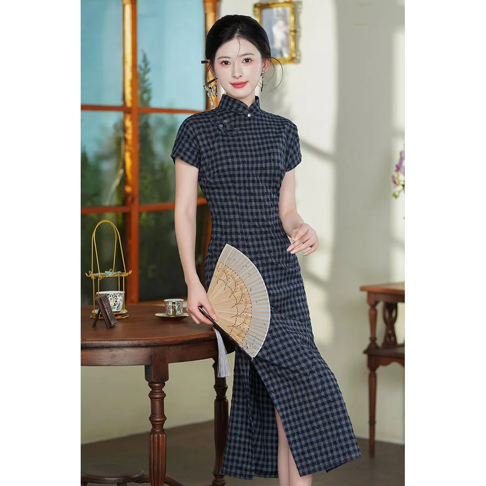 1210蓝色格子旗袍夏季新款复古文艺气质年轻款少女绝美日常改良