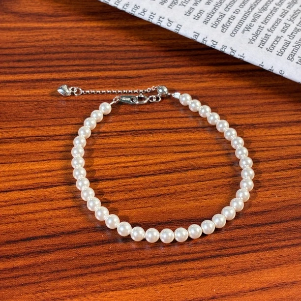 925银仿珍珠手链 施华洛人造水晶珍珠4m百搭素圈抽拉绳