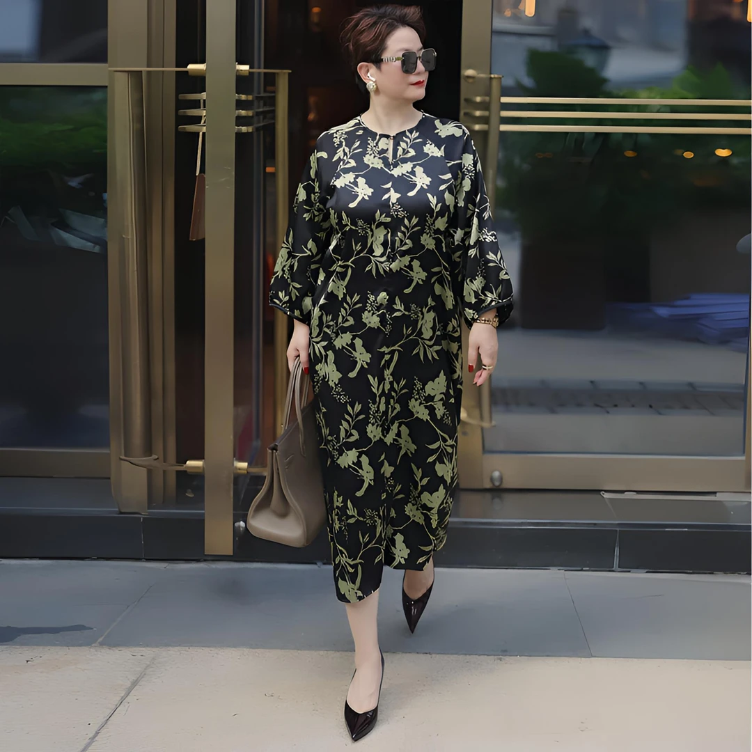 2025春季新款女装翠绿紫罗兰印花提花贵气宽松显瘦长袖连衣裙0219