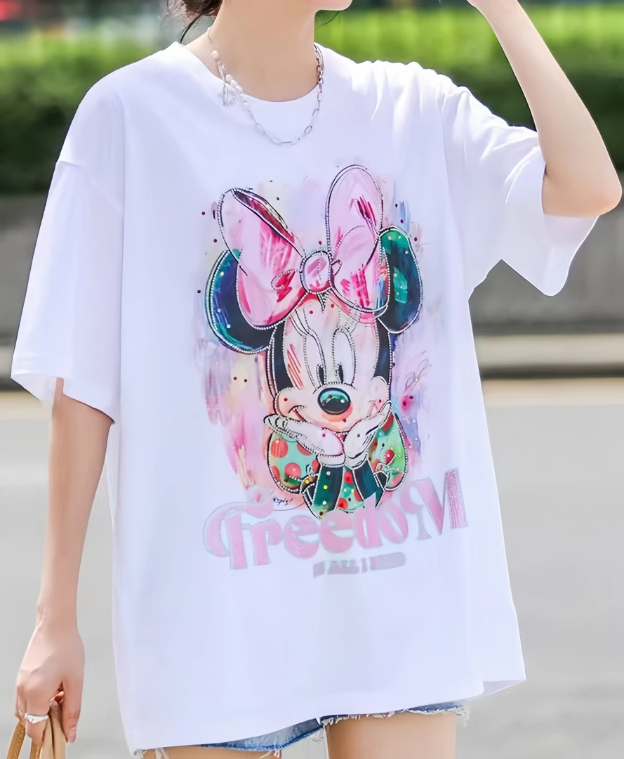 短袖T恤（01-200）夏季爆款纯棉印花烫钻宽松版时尚大板重工T恤女