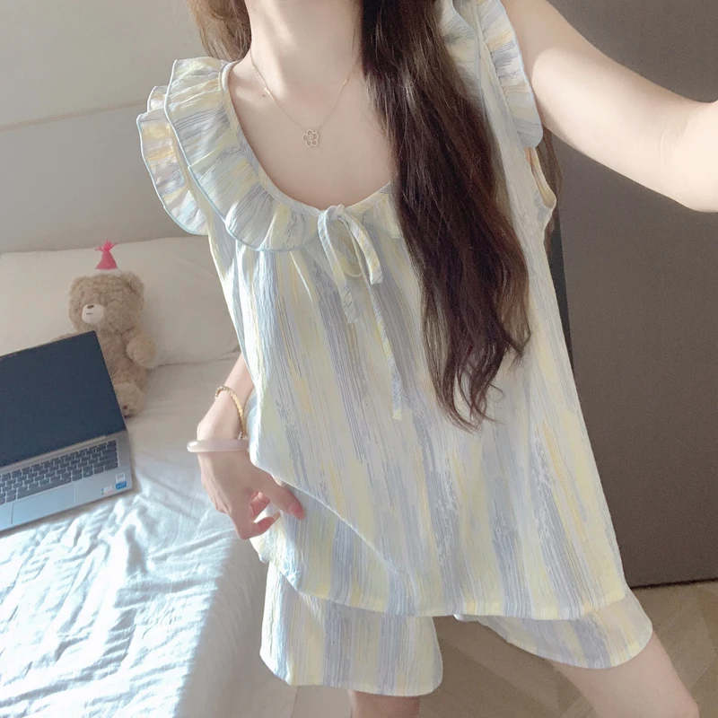 简约条纹背心短裤睡衣女套装夏季2025新款云朵棉带胸垫甜美家居服