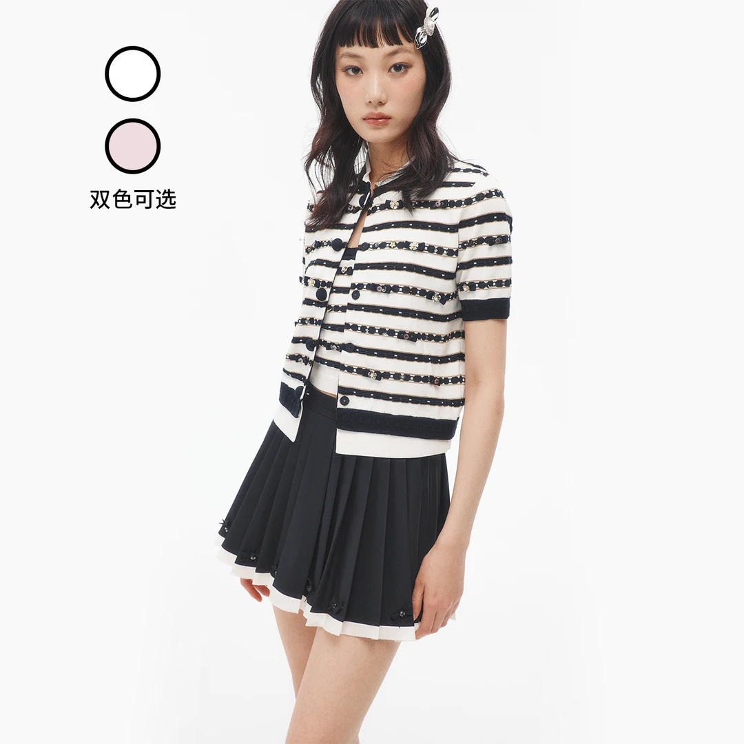lefame拉飞姆2025夏新款时尚蝴蝶结条纹拼接撞色短袖针织开衫女