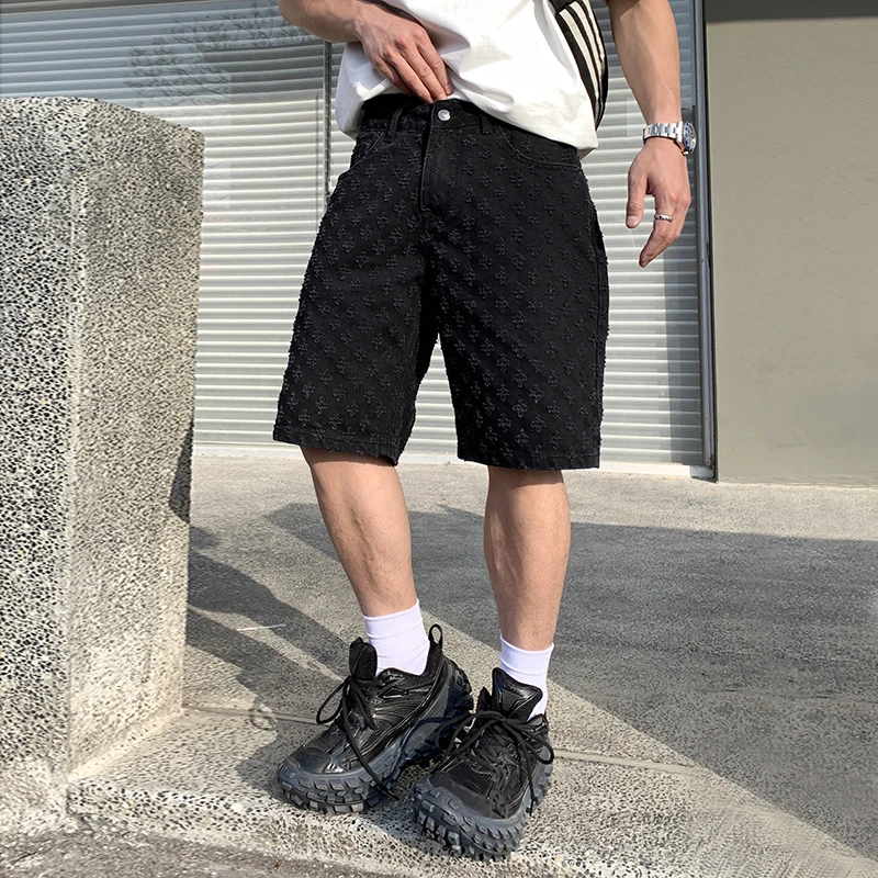 THIS WOW美式复古潮牌提花牛仔短裤男痞帅夏季薄款高级感五分中裤