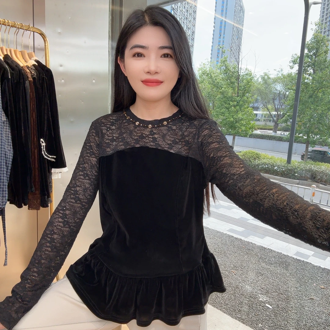 QC 253817 秋款 圆领钉珠时尚蕾丝拼接气质显瘦上衣