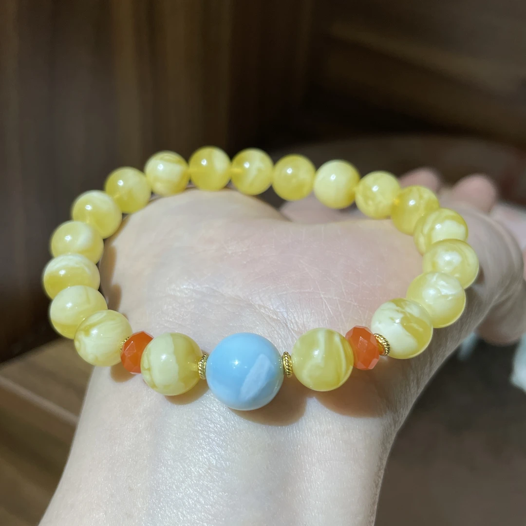 天然蜜蜡金瓷白圆珠设计款手串9㎜➕