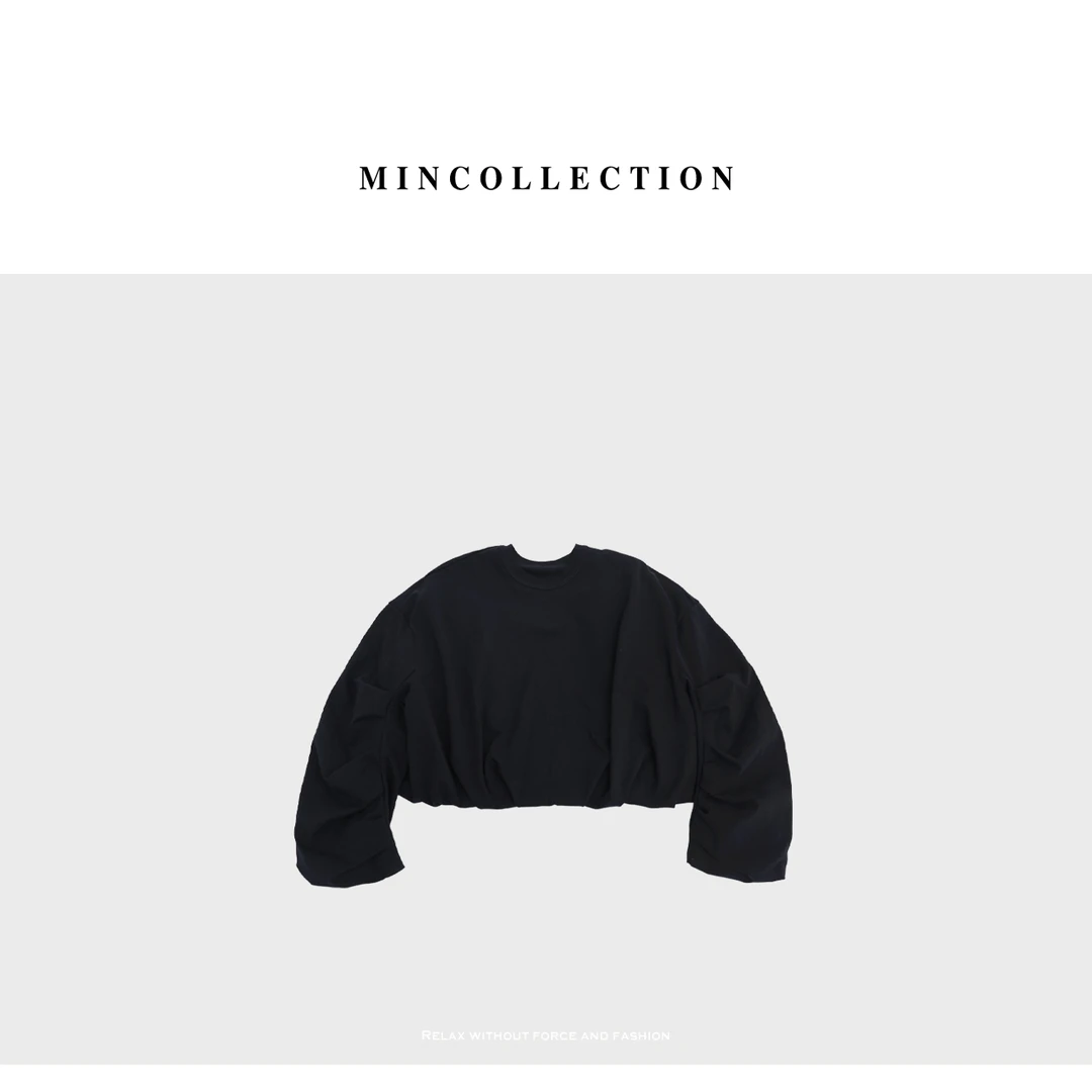 【年终折扣】压褶卫衣/双层褶裥设计感圆领短款休闲卫衣40475