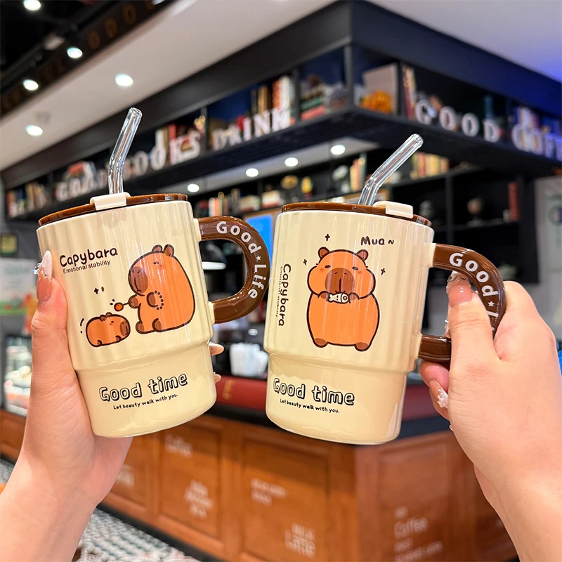可爱卡皮巴拉马克杯带盖带吸管高颜值情侣陶瓷杯子办公室咖啡杯女